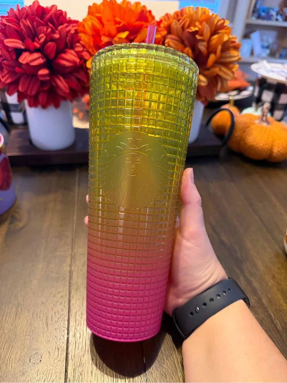 Starbucks Yellow-to-Pink Ombre Studded Cold Cup with Straw